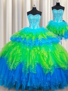 Lovely Three Piece Multi-color Tulle Lace Up Sweetheart Sleeveless Floor Length Quinceanera Gowns Beading and Ruffled Layers