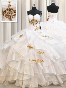 Customized Ruffled Sweetheart Sleeveless Lace Up Vestidos de Quinceanera White Organza