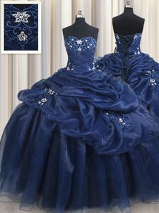 Glamorous Pick Ups Sweetheart Sleeveless Lace Up Sweet 16 Quinceanera Dress Navy Blue Organza