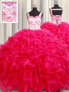 Captivating Straps Sleeveless Organza Sweet 16 Dresses Embroidery and Ruffles Lace Up