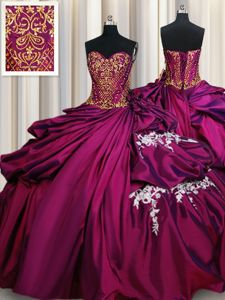 Sweetheart Sleeveless Ball Gown Prom Dress Floor Length Beading and Appliques and Pick Ups Fuchsia Taffeta