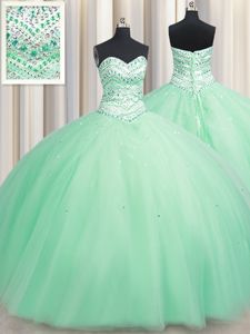 Sweetheart Sleeveless Damas Dress Floor Length Beading Apple Green Tulle