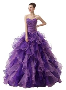 Purple Sleeveless Beading and Ruffles and Ruching Floor Length 15th Birthday Dress