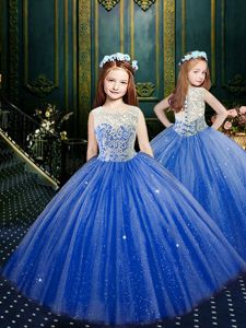 Clasp Handle Scoop Sleeveless Little Girl Pageant Gowns Floor Length Appliques Blue Tulle