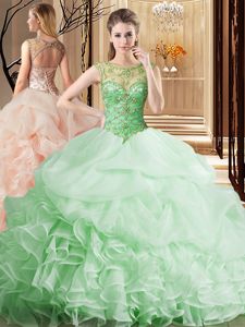 Scoop Sleeveless Beading and Ruffles and Pick Ups Lace Up Dama Dress for Quinceanera with Apple Green Brush Train