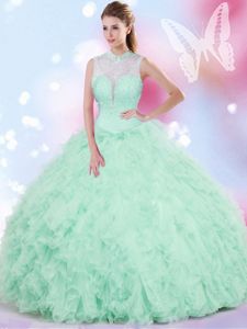 Apple Green Ball Gowns High-neck Sleeveless Tulle Floor Length Lace Up Beading and Ruffles Quinceanera Gown