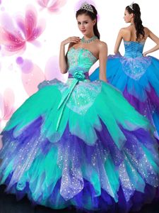 Fitting Tulle Sleeveless Floor Length 15 Quinceanera Dress and Appliques and Ruffled Layers and Hand Made Flower