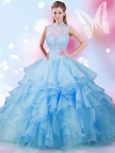 High End Ball Gowns Quinceanera Gowns Baby Blue High-neck Tulle Sleeveless Floor Length Lace Up