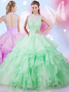 Apple Green Ball Gowns Tulle High-neck Sleeveless Beading and Ruffles Floor Length Lace Up Sweet 16 Dresses