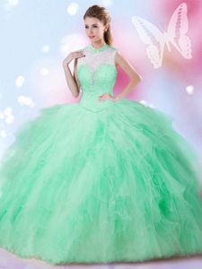 Apple Green Lace Up Ball Gown Prom Dress Beading and Ruffles Sleeveless Floor Length