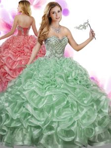 Best Selling Sleeveless Floor Length Beading and Ruffles Lace Up Sweet 16 Dresses with Green