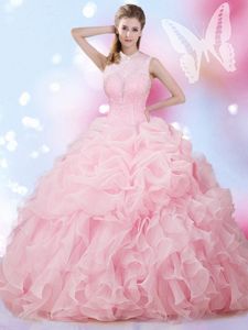 Suitable Beading and Ruffles and Pick Ups Vestidos de Quinceanera Baby Pink Lace Up Sleeveless Floor Length