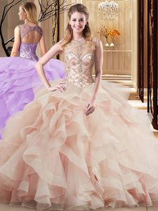 Peach Lace Up Scoop Beading and Ruffles Quinceanera Gowns Tulle Sleeveless Brush Train