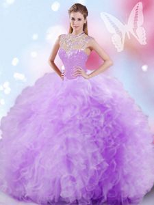 Lavender Tulle Zipper Sweet 16 Dress Sleeveless Floor Length Beading and Ruffles and Sequins