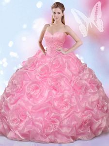 Beading Quinceanera Dresses Rose Pink Lace Up Sleeveless Floor Length