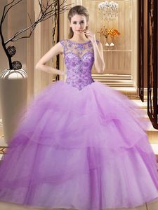 Pretty Scoop Sleeveless Brush Train Beading and Ruffled Layers Lace Up Quinceanera Dress
