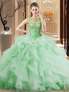 Scoop Sleeveless Beading and Ruffles Lace Up Quinceanera Gown with Apple Green Brush Train