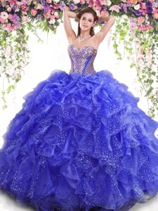 Sexy Blue Ball Gowns Sweetheart Sleeveless Organza Floor Length Lace Up Beading and Ruffles Ball Gown Prom Dress