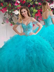 Amazing Teal Off The Shoulder Lace Up Beading and Ruffles 15 Quinceanera Dress Sleeveless