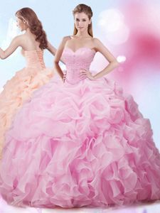 Beauteous Sleeveless Organza With Brush Train Lace Up Sweet 16 Dress in Rose Pink for with Beading and Ruffles and Pick Ups