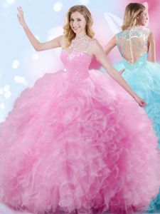 Rose Pink Ball Gowns Beading and Ruffles and Pick Ups Sweet 16 Dress Zipper Tulle Sleeveless Floor Length