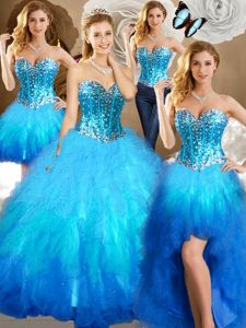 Perfect Four Piece Sleeveless Tulle Floor Length Lace Up Sweet 16 Dresses in Multi-color for with Beading and Ruffles and Sequins