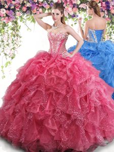 Ball Gowns Quinceanera Dresses Coral Red Sweetheart Organza Sleeveless Floor Length Lace Up