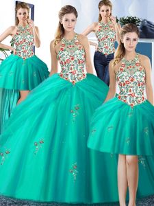 Enchanting Four Piece Pick Ups Ball Gowns 15th Birthday Dress Turquoise Halter Top Tulle Sleeveless Floor Length Lace Up