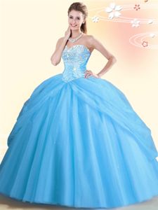 Aqua Blue Sleeveless Beading Floor Length Vestidos de Quinceanera