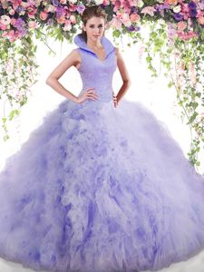 Deluxe Multi-color Ball Gowns Tulle High-neck Sleeveless Beading and Ruffles Floor Length Zipper Vestidos de Quinceanera