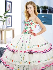 Ruffled Floor Length White Quinceanera Dress Sweetheart Sleeveless Lace Up