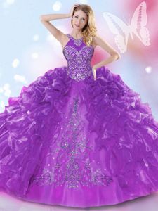 Modest Halter Top Sleeveless Organza Floor Length Lace Up Sweet 16 Dresses in Purple for with Appliques and Ruffled Layers