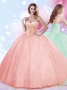 Eye-catching Watermelon Red Lace Up Sweetheart Beading Quinceanera Gown Tulle Sleeveless