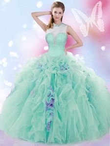 Apple Green High-neck Neckline Beading and Ruffles Quinceanera Gowns Sleeveless Lace Up