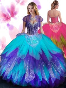 Beauteous Blue Sweetheart Neckline Beading and Ruffled Layers Quince Ball Gowns Sleeveless Lace Up