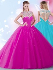 Scoop Fuchsia Tulle Zipper Quinceanera Dresses Sleeveless Floor Length Beading and Sequins