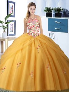 Nice Gold Halter Top Neckline Embroidery and Pick Ups Court Dresses for Sweet 16 Sleeveless Lace Up