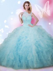 Baby Blue Sleeveless Beading and Ruffles Floor Length 15 Quinceanera Dress