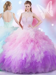 Hot Sale High-neck Sleeveless Sweet 16 Dresses Floor Length Beading and Ruffles Multi-color Tulle