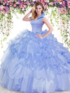 Suitable Ruffled Floor Length Ball Gowns Sleeveless Blue Quince Ball Gowns Backless