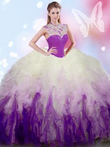 White And Purple Tulle Zipper High-neck Sleeveless Floor Length Quinceanera Gown Beading and Ruffles