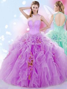 Fine Peach Lace Up Quinceanera Dresses Beading and Ruffles and Pick Ups Sleeveless Floor Length