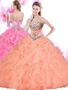 Dazzling Orange Red Tulle Lace Up Sweetheart Sleeveless Floor Length Ball Gown Prom Dress Beading and Ruffles