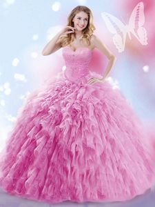 Chic Lace Up Quinceanera Dresses Rose Pink and In for Military Ball and Sweet 16 and Quinceanera with Beading and Ruffles Brush Train