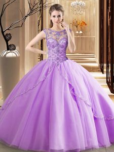 Traditional Tulle Scoop Sleeveless Brush Train Lace Up Beading Ball Gown Prom Dress in Lavender