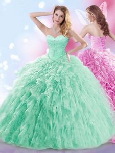 Apple Green Tulle Lace Up Quinceanera Dresses Sleeveless With Brush Train Beading and Ruffles