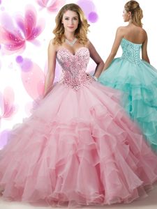 Turquoise Quinceanera Gown Military Ball and Sweet 16 and Quinceanera and For with Beading and Ruffles and Pick Ups Sweetheart Sleeveless Lace Up