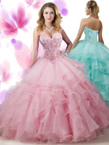 Sweetheart Sleeveless Ball Gown Prom Dress Floor Length Beading and Ruffled Layers Pink Organza