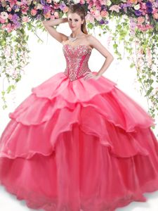 Top Selling Organza Sweetheart Sleeveless Lace Up Beading and Ruffled Layers Ball Gown Prom Dress in Coral Red