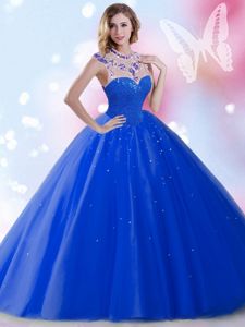 Noble Floor Length Royal Blue Sweet 16 Dress Tulle Sleeveless Beading and Sequins